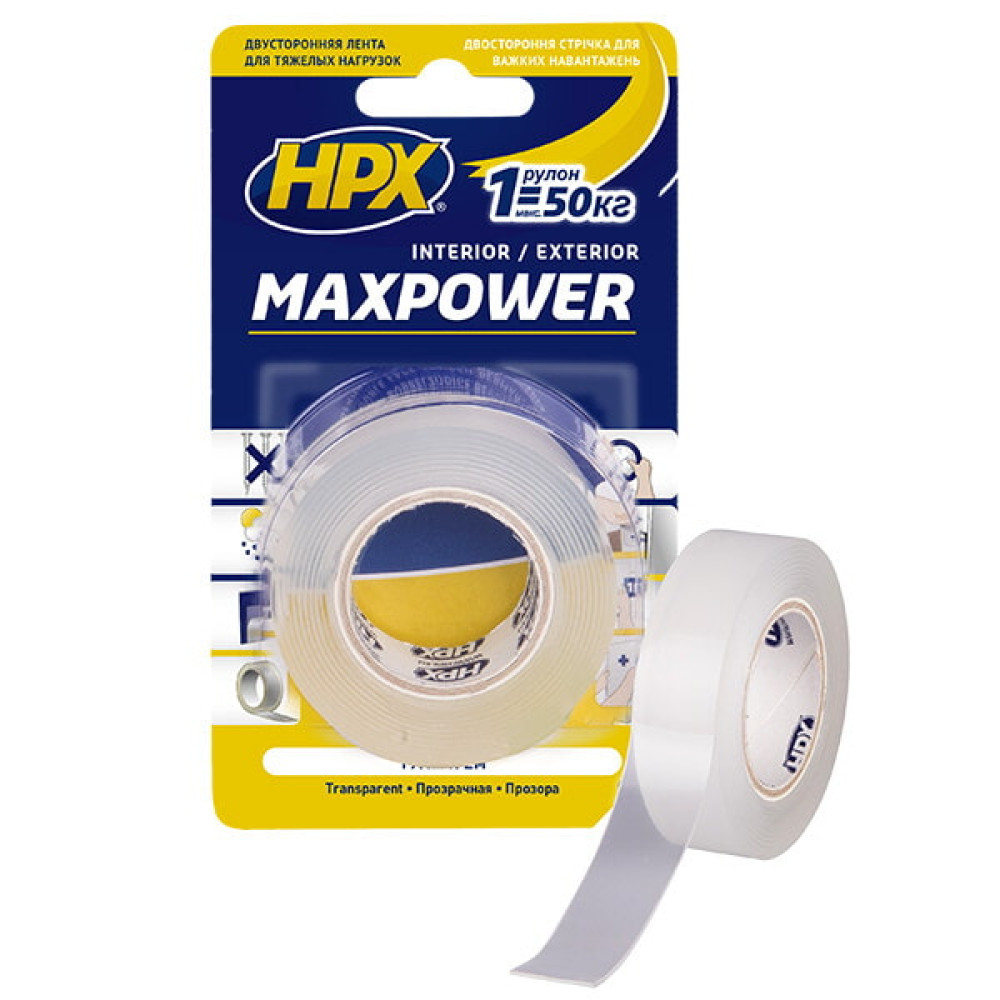 Двостороння стрічка (скотч) HPX MAXPOWER 19ммx2м для важких навантажень