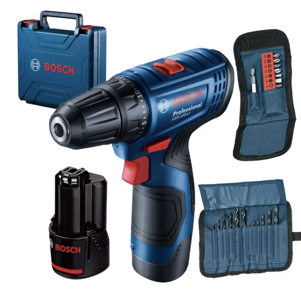 Акумуляторний дриль шуруповерт Bosch Professional GSR 120-LI + кейс з 2 акб GBA 12V, + набір біт 10 шт. та набір свердел 12 шт.