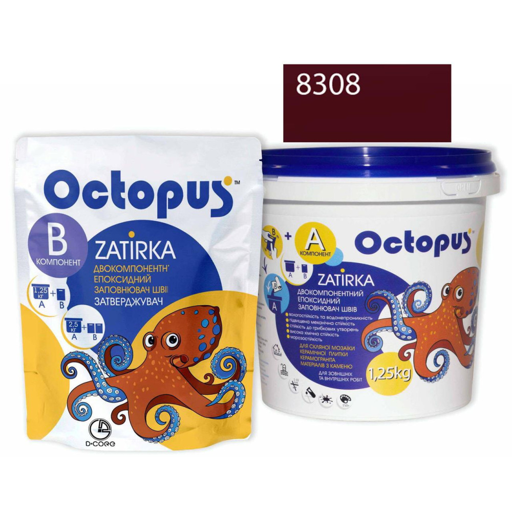 Двокомпонентна епоксидна фуга Octopus Zatirka колір рожево-малиновий 8308 1,25 кг