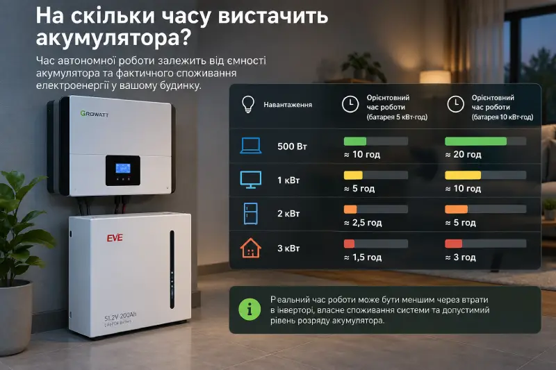 На скільки часу вистачить акумулятора
